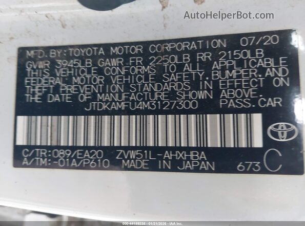 JTDKAMFU4M3127300 2021 TOYOTA PRIUS White Vista del compartimento del motor