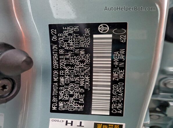 JTDKAMFU7N3178596 2022 TOYOTA PRIUS Бирюзовый 