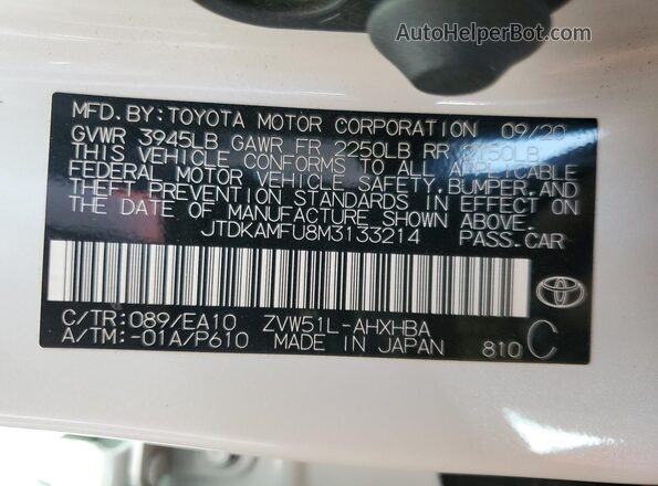 JTDKAMFU8M3133214 2021 TOYOTA PRIUS White ძრავის განყოფილების ხედი