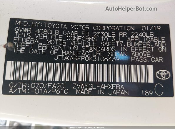 JTDKARFP0K3108439 2019 TOYOTA PRIUS PRIME White ძრავის განყოფილების ხედი