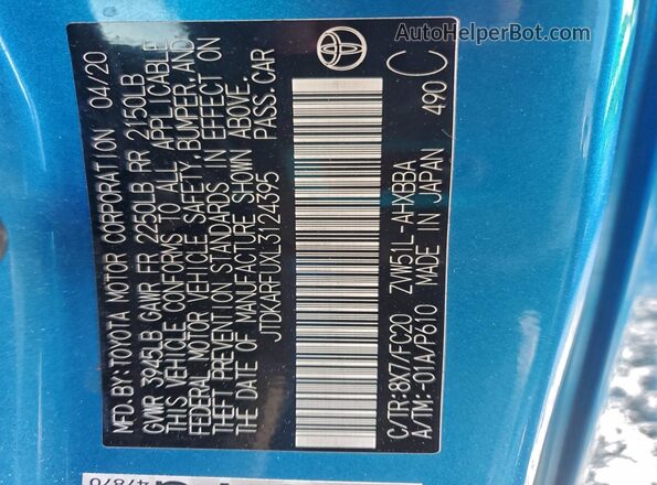 JTDKARFUXL3124395 2020 TOYOTA PRIUS Blue 