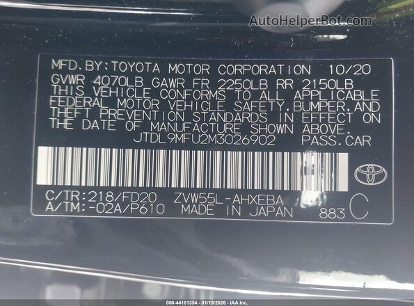 JTDL9MFU2M3026902 2021 TOYOTA LE Black Engine compartment view