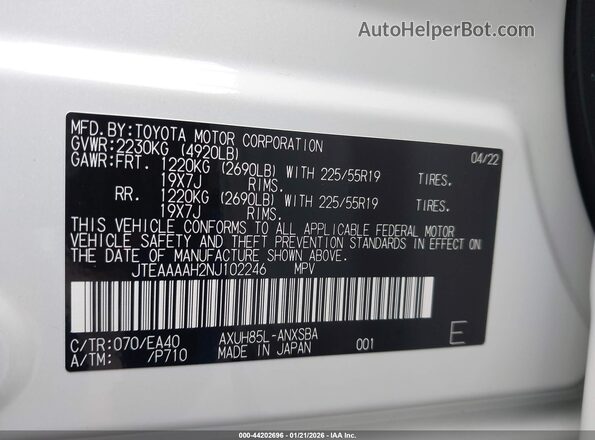 JTEAAAAH2NJ102246 2022 TOYOTA LIMITED White Vista del compartimento del motor