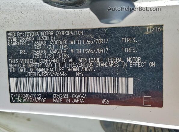 JTEBU5JR2G5396643 2016 TOYOTA 4RUNNER White VIN კოდის სტიკერის ხედი