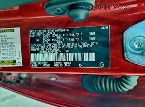 JTEMU5JRXM5933019 2021 TOYOTA 4RUNNER Красный Вид наклейки с VIN-кодом