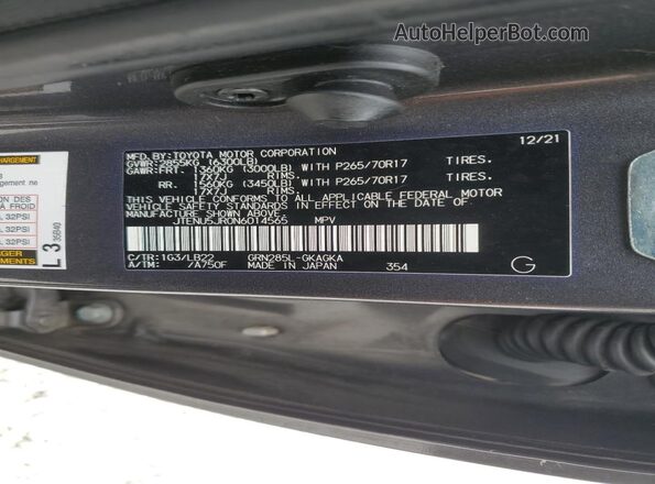 JTENU5JR0N6014565 2022 TOYOTA 4RUNNER Gray Вид наклейки з VIN-кодом
