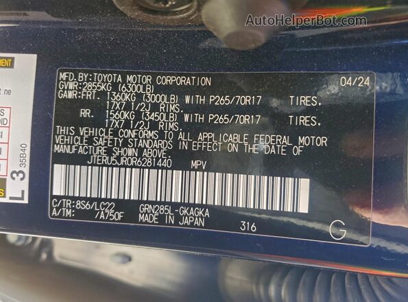 JTERU5JR0R6281440 2024 TOYOTA 4RUNNER Blue Widok naklejki z numerem VIN