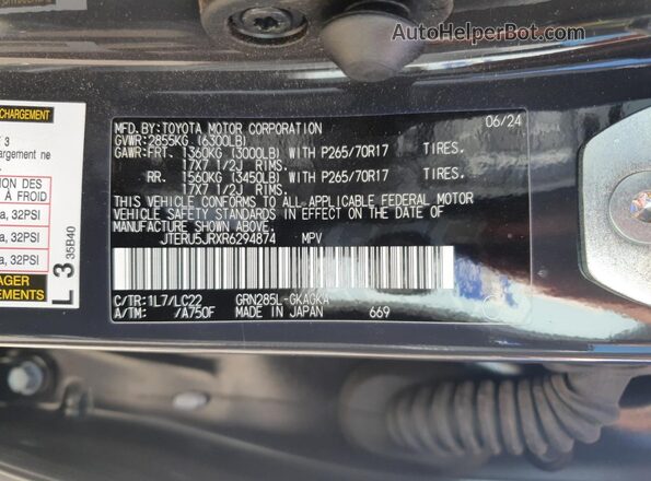 JTERU5JRXR6294874 2024 TOYOTA 4RUNNER Gray VIN sticker view