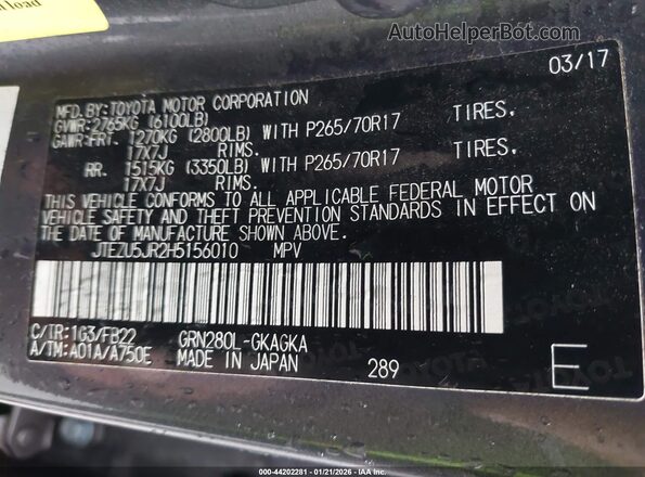 JTEZU5JR2H5156010 2017 TOYOTA 4RUNNER Gray 