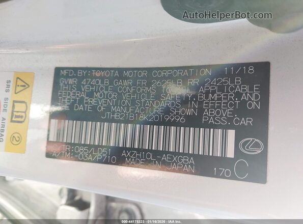 JTHB21B18K2019996 2019 LEXUS ES 300H White Вид підкапотного простору