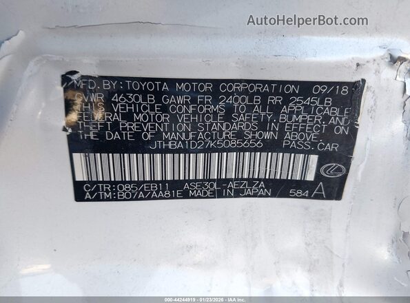 JTHBA1D27K5085656 2019 LEXUS IS 300 White Вид підкапотного простору