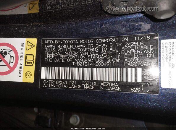 JTHBZ1B14K2004911 2019 LEXUS ES 350 Blue Vista del compartimento del motor