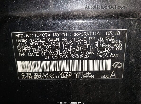 JTHC81D28J5030938 2018 LEXUS IS 300 Black Vista del compartimento del motor