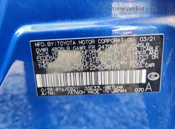 JTHC81F22M5045775 2021 LEXUS IS Blue VIN կոդի պիտակի տեսք