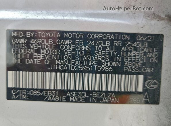 JTHCA1D25M5115986 2021 LEXUS IS White Vista de la etiqueta del VIN