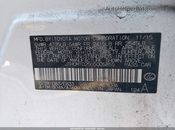 JTHCM1D25G5005855 2016 LEXUS IS 300 White Vista del compartimento del motor