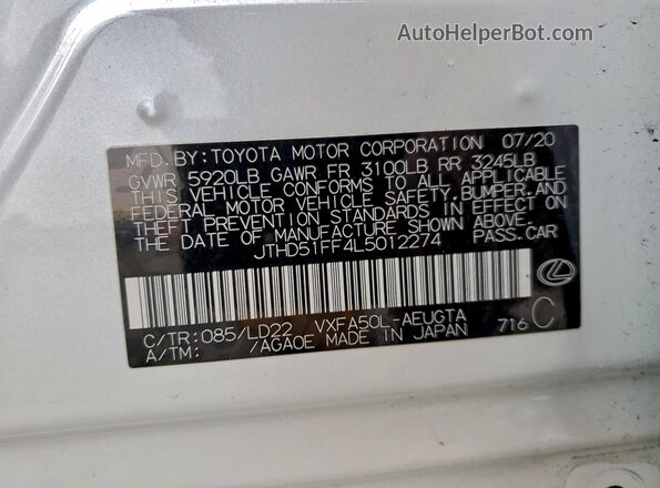 JTHD51FF4L5012274 2020 LEXUS LS White Widok naklejki z numerem VIN