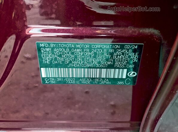 JTHDA1D28R5130607 2024 LEXUS IS Red Вид наклейки з VIN-кодом