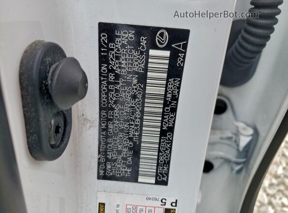 JTHE3JBH8M2034072 2021 LEXUS UX White VIN კოდის სტიკერის ხედი