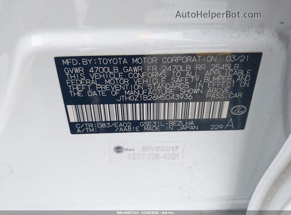 JTHGZ1B26M5043936 2021 LEXUS IS 350 White Engine compartment view