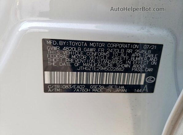 JTHGZ1E29M5022882 2021 LEXUS IS White Вид наклейки з VIN-кодом
