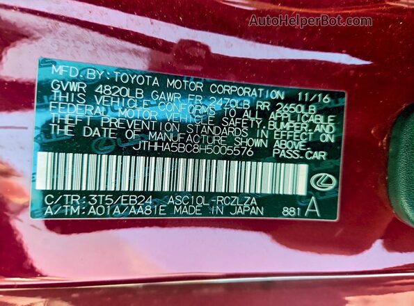 JTHHA5BC8H5005576 2017 LEXUS RC Red Widok komory silnika