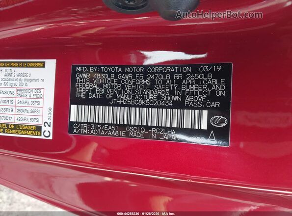 JTHHZ5BC8K5020434 2019 LEXUS RC 350 Red Vista del compartimento del motor