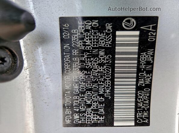 JTHKD5BH0G2271375 2016 LEXUS CT Silver Widok naklejki z numerem VIN