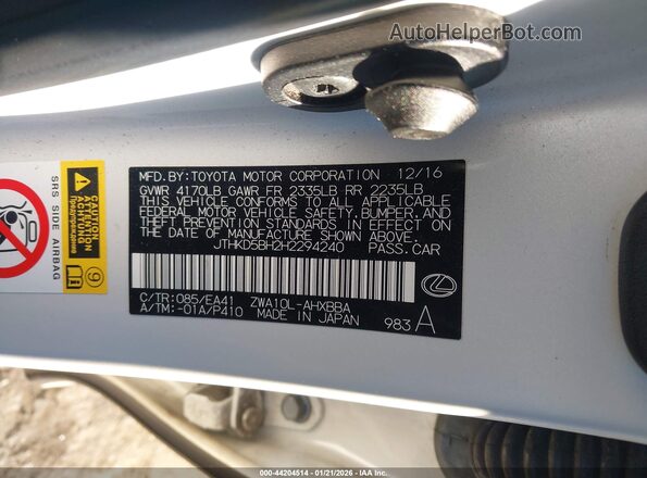 JTHKD5BH2H2294240 2017 LEXUS CT 200H White 