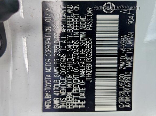 JTHKD5BH3G2268552 2016 LEXUS CT White Widok naklejki z numerem VIN