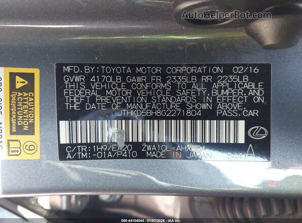 JTHKD5BH8G2271804 2016 LEXUS CT 200H Gray ძრავის განყოფილების ხედი