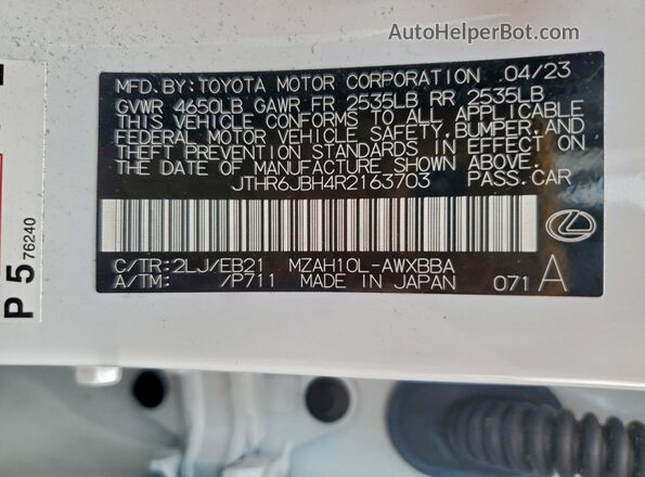 JTHR6JBH4R2163703 2024 LEXUS UX White Widok naklejki z numerem VIN
