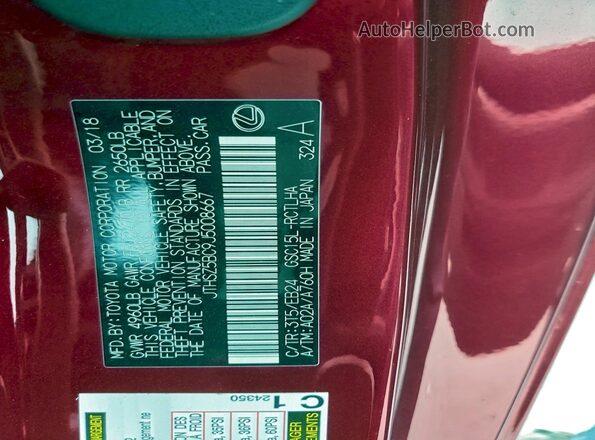 JTHSZ5BC9J5008667 2018 LEXUS RC Red Vista de la etiqueta del VIN