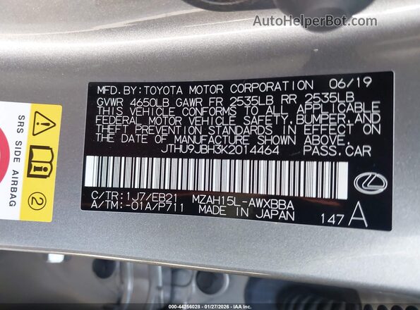 JTHU9JBH3K2014464 2019 LEXUS UX 250H Gray Widok komory silnika