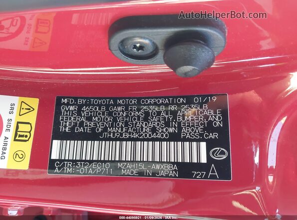 JTHU9JBH4K2004400 2019 LEXUS UX 250H Red Vista del compartimento del motor