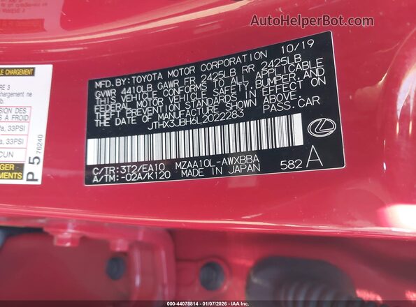 JTHX3JBH6L2022283 2020 LEXUS UX 200 Red Շարժիչի բաժամունքի տեսք