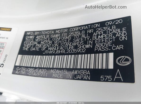 JTHX9JBH9L2035902 2020 LEXUS UX 250H White Շարժիչի բաժամունքի տեսք
