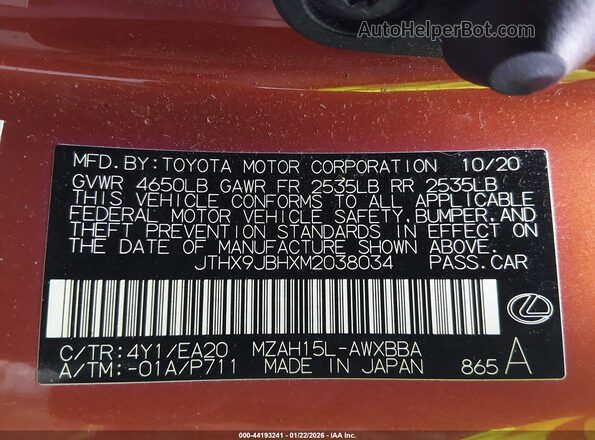 JTHX9JBHXM2038034 2021 LEXUS UX 250H Orange Engine compartment view