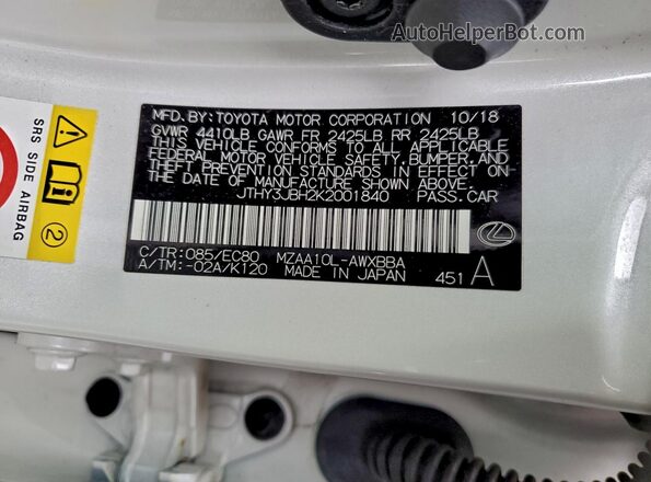 JTHY3JBH2K2001840 2019 LEXUS UX White Vista de la etiqueta del VIN