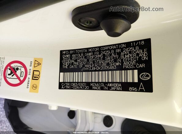 JTHY3JBH2K2005483 2019 LEXUS UX 200 White Vista del compartimento del motor