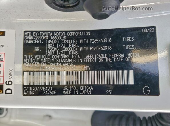 JTJAM7BX0M5269147 2021 LEXUS GX White VIN კოდის სტიკერის ხედი