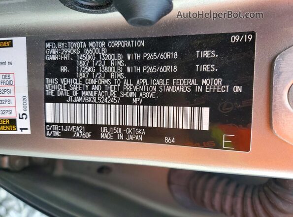 JTJAM7BX3L5242457 2020 LEXUS GX Silver 