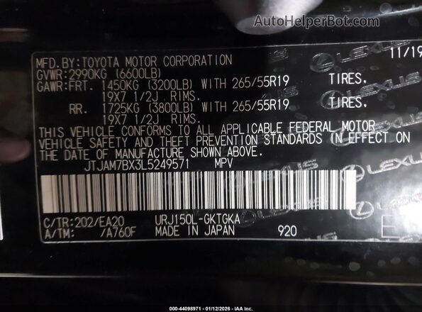 JTJAM7BX3L5249571 2020 LEXUS GX 460 Черный Вид подкапотного пространства