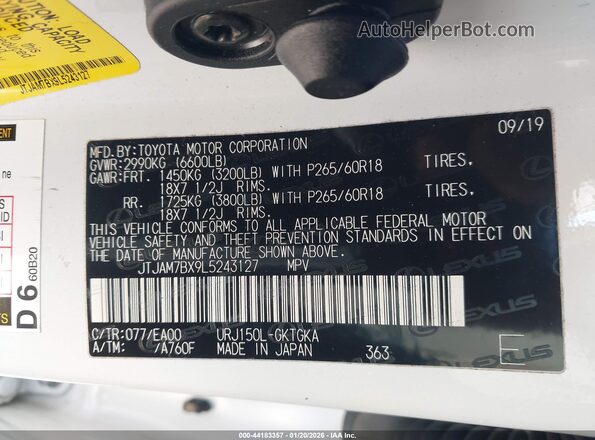 JTJAM7BX9L5243127 2020 LEXUS GX 460 White Widok komory silnika