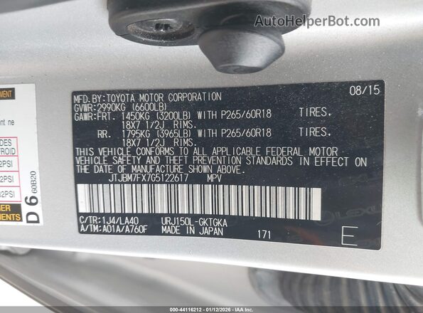 JTJBM7FX7G5122617 2016 LEXUS GX 460 Silver ძრავის განყოფილების ხედი