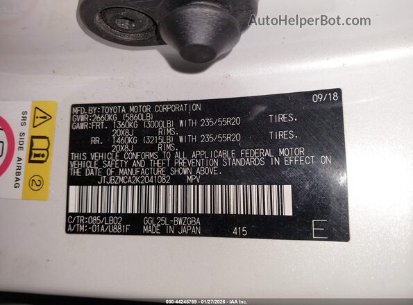 JTJBZMCA2K2041082 2019 LEXUS RX 350 White Vista del compartimento del motor