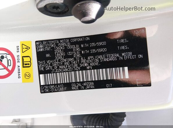 JTJDZKCA8K2017429 2019 LEXUS RX 350L White Вид підкапотного простору