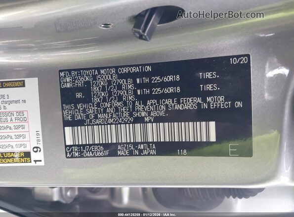 JTJSARDZ4M2242929 2021 LEXUS NX 300 Silver VIN sticker view