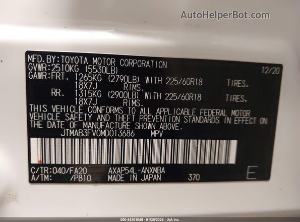 JTMAB3FV0MD013686 2021 TOYOTA RAV4 PRIME White Շարժիչի բաժամունքի տեսք