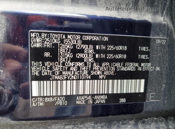 JTMAB3FV2ND110194 2022 TOYOTA RAV4 Blue Widok komory silnika